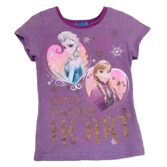 Disney Frozen Kids Glittery Graphic Tee Top With Elsa & Anna Design Size 6 - Picture 2 of 5